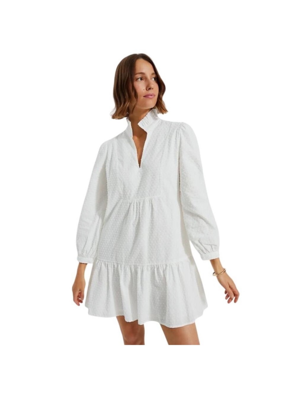 Tuckernuck Palmerston Swiss Dot White Ruffled V-Neck Tiered Mini Dress